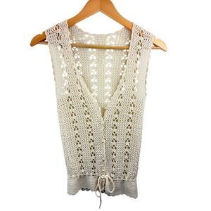 Boho Crochet Lace Vest Cream Button Front Tie Waist Sleeveless Lightweight‎